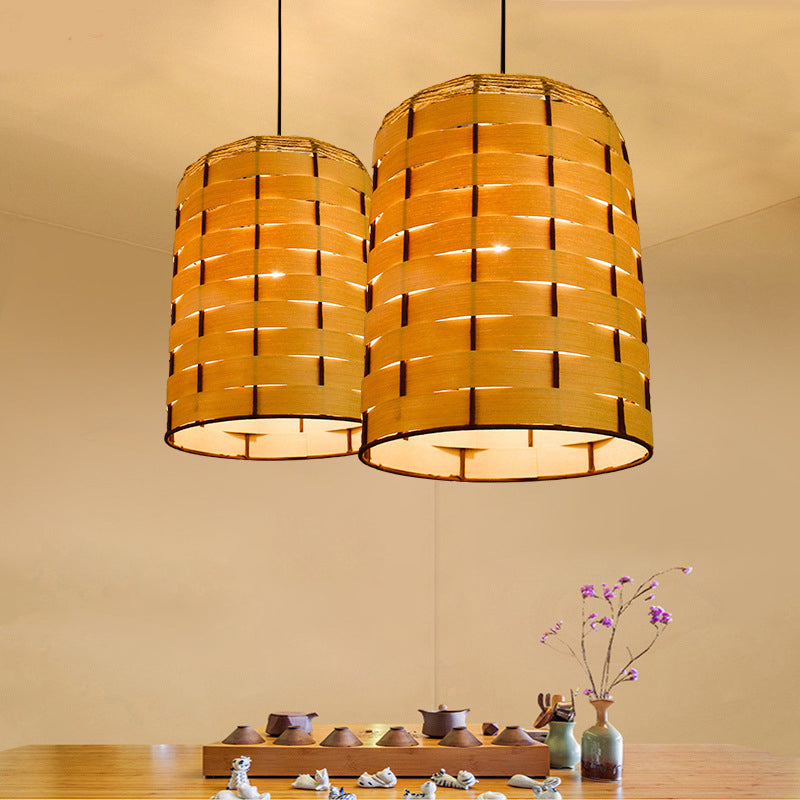 Cylinder Down Lighting Chinese Wood 1 Head Beige Hanging Ceiling Light, 10"/12" Wide Clearhalo 'Ceiling Lights' 'Pendant Lights' 'Pendants' Lighting' 379652