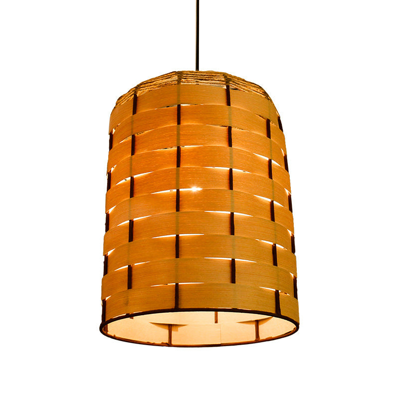 Cylinder Down Lighting Chinese Wood 1 Head Beige Hanging Ceiling Light, 10"/12" Wide Clearhalo 'Ceiling Lights' 'Pendant Lights' 'Pendants' Lighting' 379653