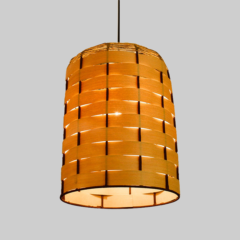 Cylinder Down Lighting Chinese Wood 1 Head Beige Hanging Ceiling Light, 10"/12" Wide Clearhalo 'Ceiling Lights' 'Pendant Lights' 'Pendants' Lighting' 379654