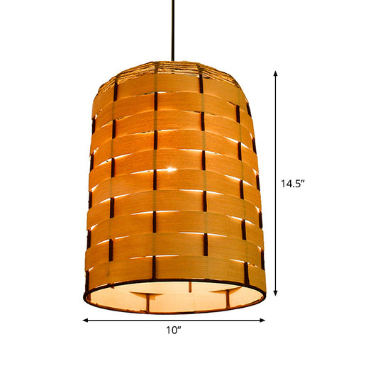 Cylinder Down Lighting Chinese Wood 1 Head Beige Hanging Ceiling Light, 10"/12" Wide Clearhalo 'Ceiling Lights' 'Pendant Lights' 'Pendants' Lighting' 379655