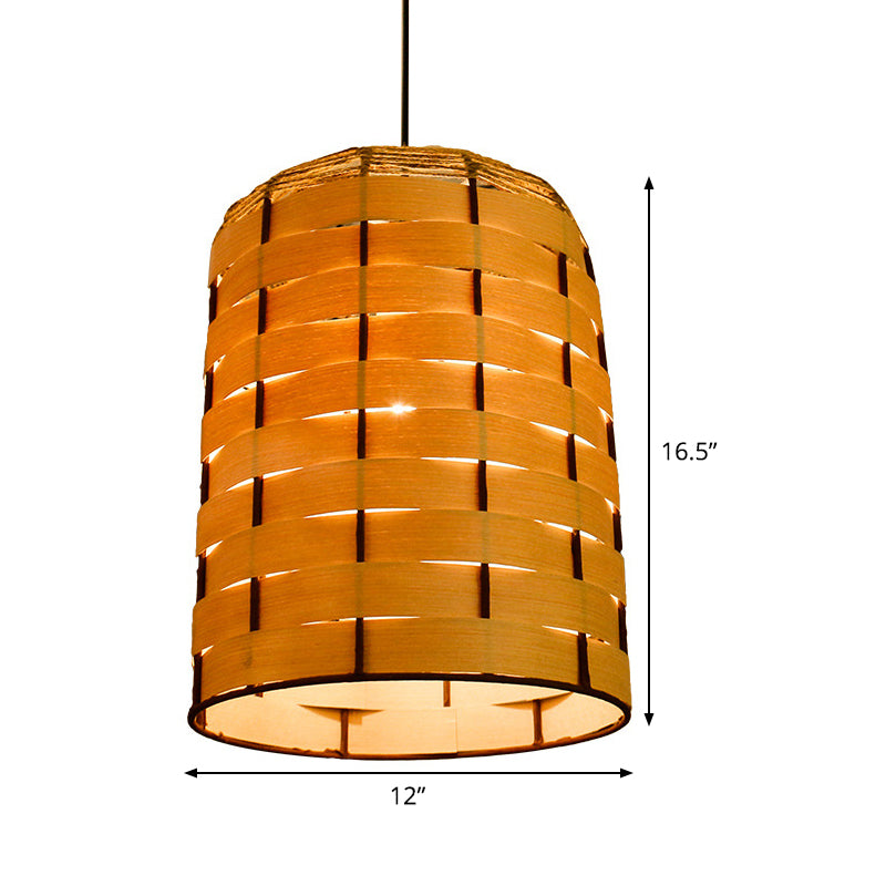 Cylinder Down Lighting Chinese Wood 1 Head Beige Hanging Ceiling Light, 10"/12" Wide Clearhalo 'Ceiling Lights' 'Pendant Lights' 'Pendants' Lighting' 379656