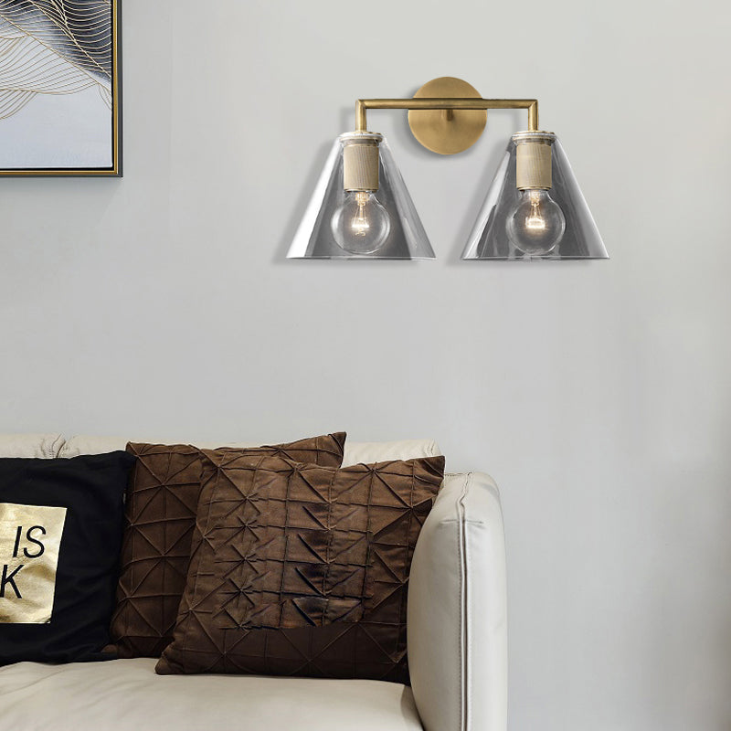 Modern Simple Cone Wall Light Transparent Glass 1/2 Lights Wall Sconce in Black/Brass for Bedside 2.0 Brass Clearhalo 'Cast Iron' 'Glass' 'Industrial' 'Modern wall lights' 'Modern' 'Tiffany' 'Traditional wall lights' 'Vanity Lights' 'Wall Lights' Lighting' 379662