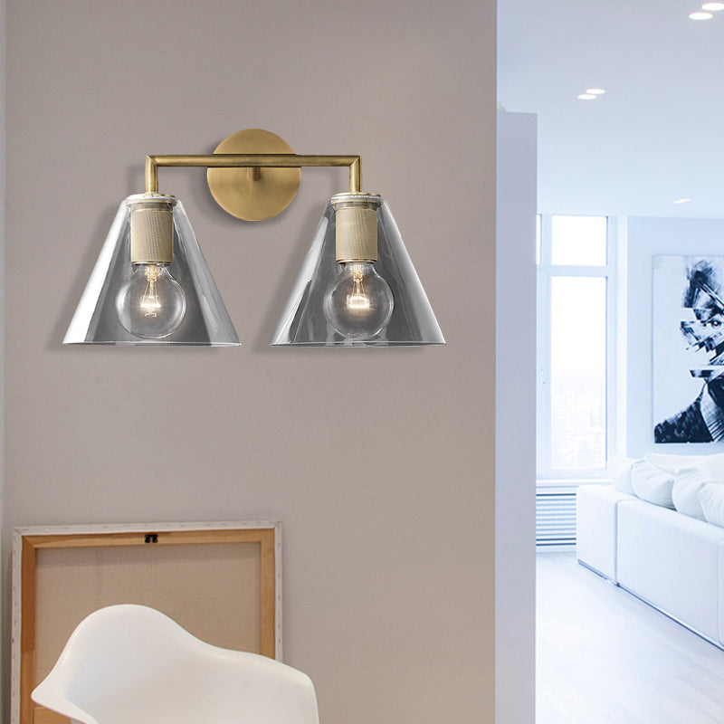 Modern Simple Cone Wall Light Transparent Glass 1/2 Lights Wall Sconce in Black/Brass for Bedside Clearhalo 'Cast Iron' 'Glass' 'Industrial' 'Modern wall lights' 'Modern' 'Tiffany' 'Traditional wall lights' 'Vanity Lights' 'Wall Lights' Lighting' 379663