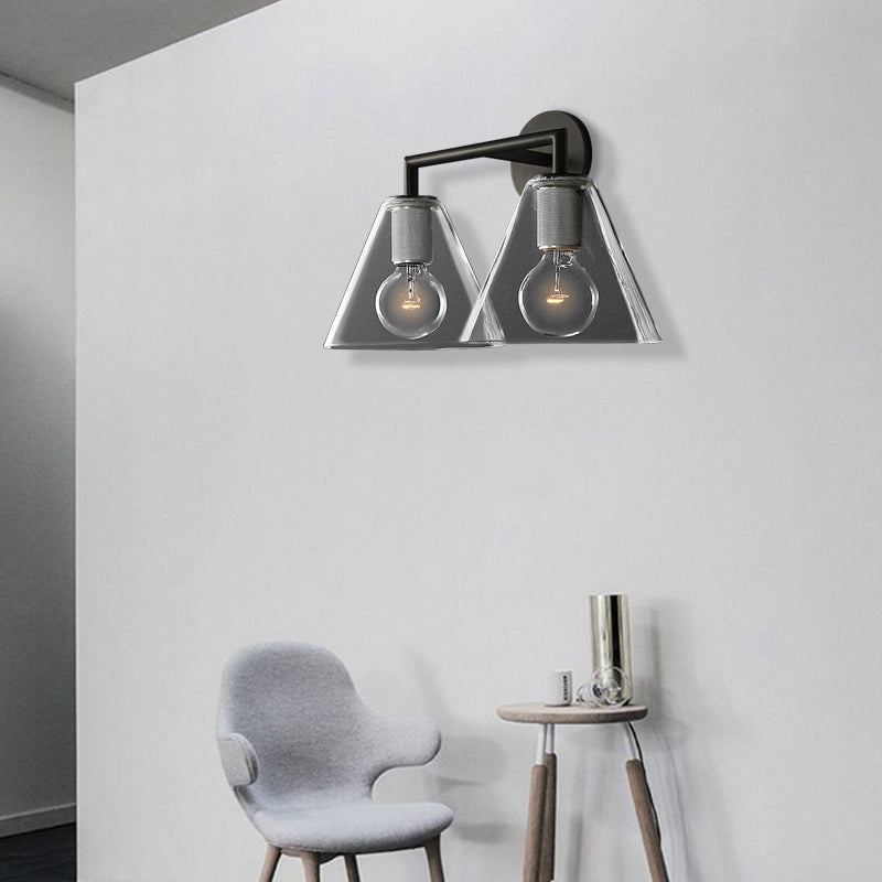 Modern Simple Cone Wall Light Transparent Glass 1/2 Lights Wall Sconce in Black/Brass for Bedside 2.0 Black Clearhalo 'Cast Iron' 'Glass' 'Industrial' 'Modern wall lights' 'Modern' 'Tiffany' 'Traditional wall lights' 'Vanity Lights' 'Wall Lights' Lighting' 379670