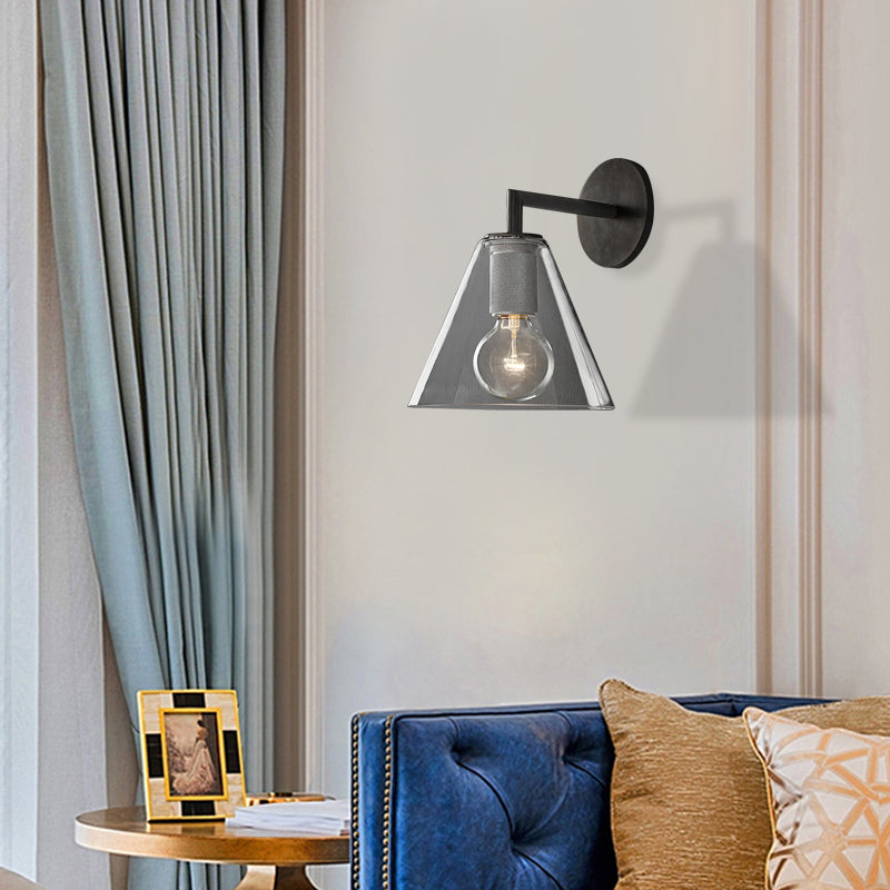 Modern Simple Cone Wall Light Transparent Glass 1/2 Lights Wall Sconce in Black/Brass for Bedside 1.0 Black Clearhalo 'Cast Iron' 'Glass' 'Industrial' 'Modern wall lights' 'Modern' 'Tiffany' 'Traditional wall lights' 'Vanity Lights' 'Wall Lights' Lighting' 379672