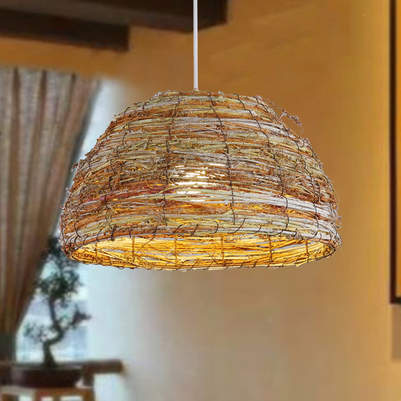 Rattan Dome Hanging Lamp Chinese 1 Head Flaxen Pendant Lighting Fixture for Teahouse Clearhalo 'Ceiling Lights' 'Pendant Lights' 'Pendants' Lighting' 379706