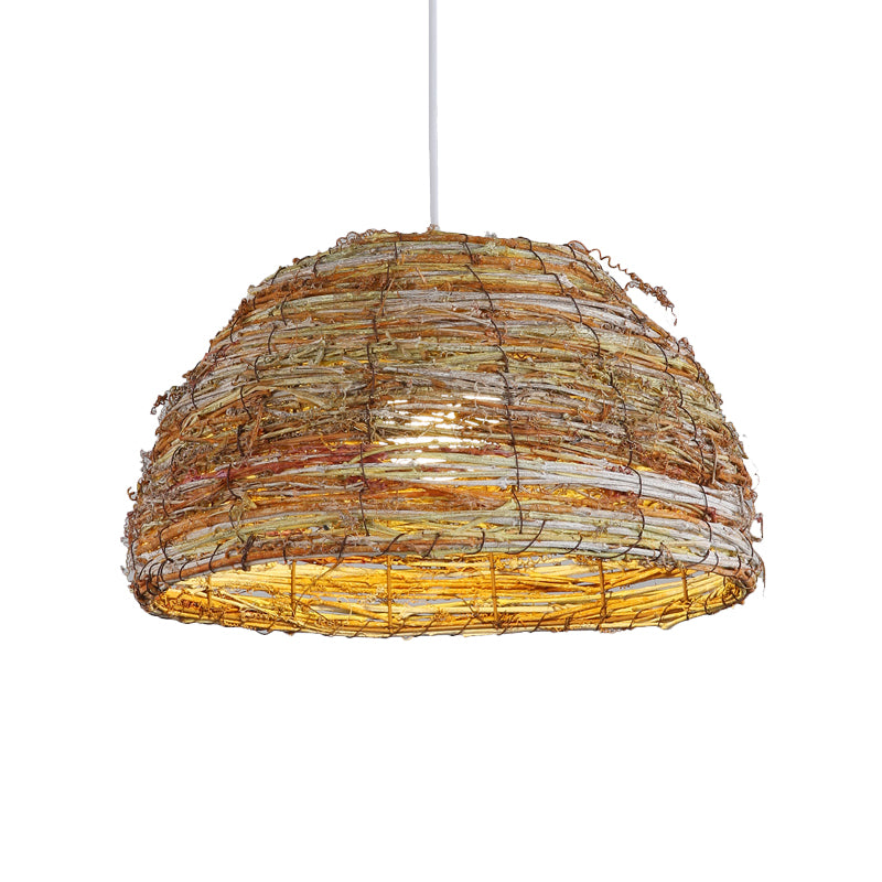 Rattan Dome Hanging Lamp Chinese 1 Head Flaxen Pendant Lighting Fixture for Teahouse Clearhalo 'Ceiling Lights' 'Pendant Lights' 'Pendants' Lighting' 379708