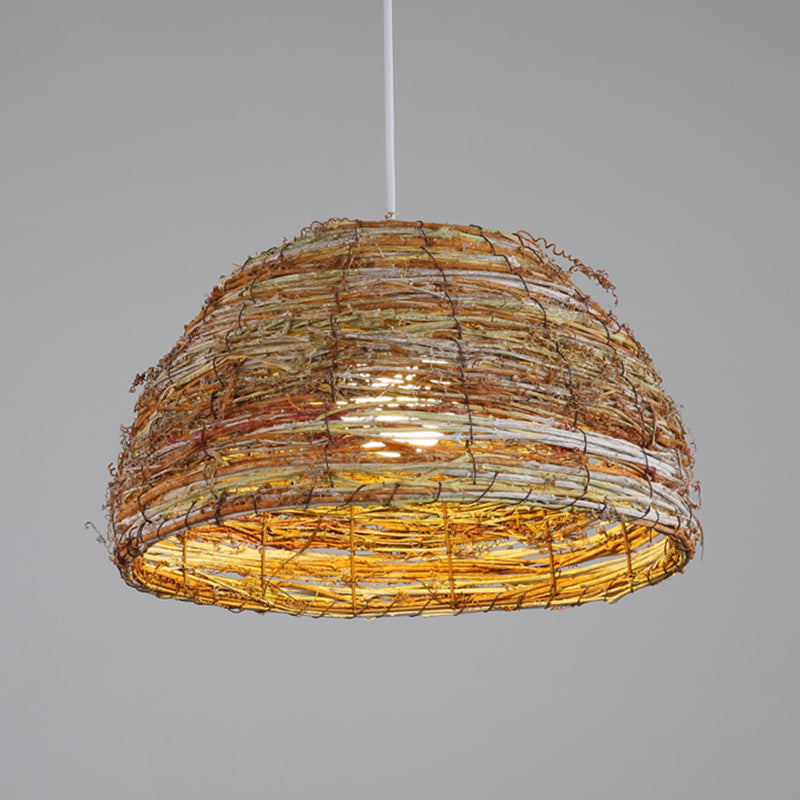 Rattan Dome Hanging Lamp Chinese 1 Head Flaxen Pendant Lighting Fixture for Teahouse Clearhalo 'Ceiling Lights' 'Pendant Lights' 'Pendants' Lighting' 379709