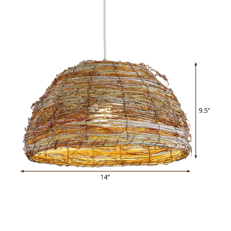 Rattan Dome Hanging Lamp Chinese 1 Head Flaxen Pendant Lighting Fixture for Teahouse Clearhalo 'Ceiling Lights' 'Pendant Lights' 'Pendants' Lighting' 379710