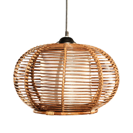 Coffee Pumpkin Hanging Lamp Asia 1 Head Rattan Ceiling Pendant Light with Tube White Parchment Shade Clearhalo 'Ceiling Lights' 'Pendant Lights' 'Pendants' Lighting' 379736