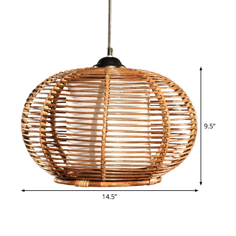 Coffee Pumpkin Hanging Lamp Asia 1 Head Rattan Ceiling Pendant Light with Tube White Parchment Shade Clearhalo 'Ceiling Lights' 'Pendant Lights' 'Pendants' Lighting' 379738