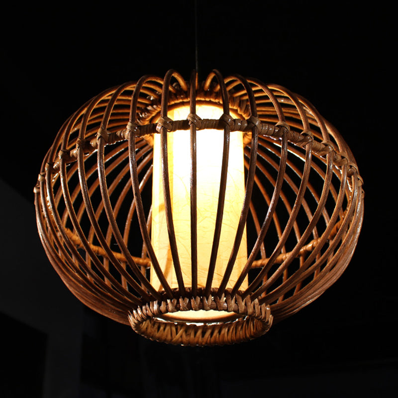 Bamboo Lantern Ceiling Light Asian 1 Bulb Brown Pendant Lighting Fixture with Inner Cylinder Parchment Shade Clearhalo 'Ceiling Lights' 'Pendant Lights' 'Pendants' Lighting' 379742