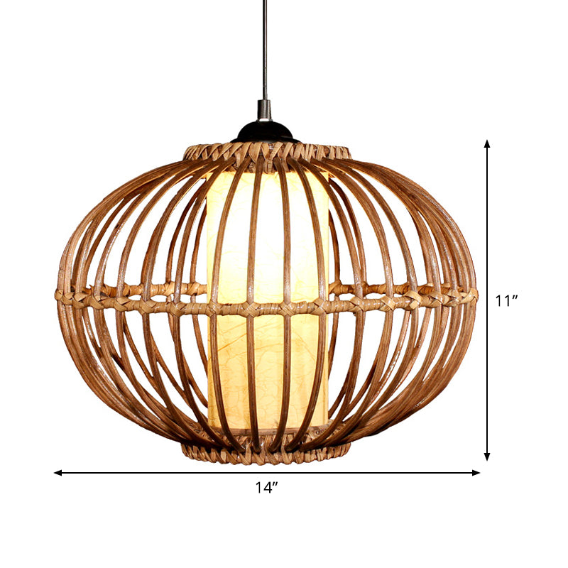 Bamboo Lantern Ceiling Light Asian 1 Bulb Brown Pendant Lighting Fixture with Inner Cylinder Parchment Shade Clearhalo 'Ceiling Lights' 'Pendant Lights' 'Pendants' Lighting' 379743