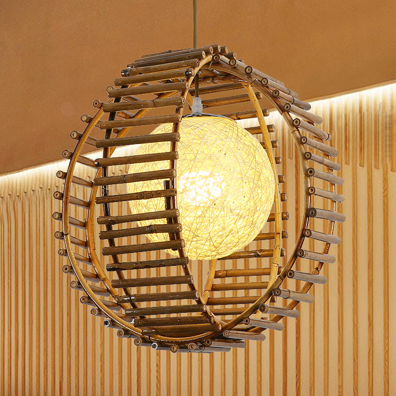 Sphere Bamboo Hanging Light Asian 1 Bulb Khaki Pendant Lighting Fixture for Bedroom Clearhalo 'Ceiling Lights' 'Pendant Lights' 'Pendants' Lighting' 379754