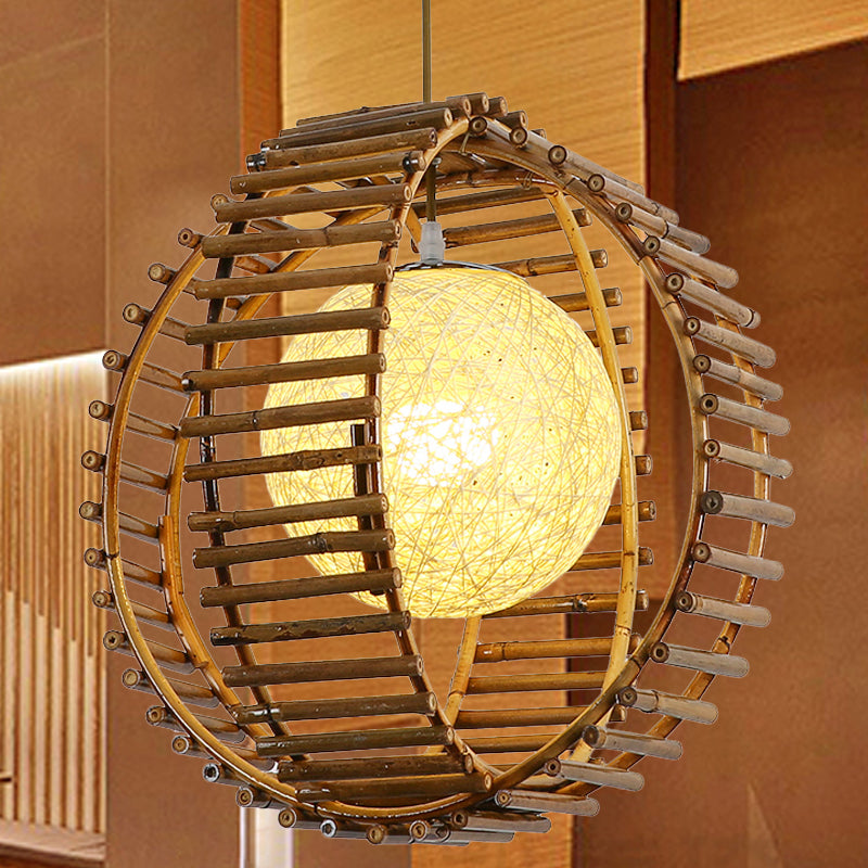 Sphere Bamboo Hanging Light Asian 1 Bulb Khaki Pendant Lighting Fixture for Bedroom Clearhalo 'Ceiling Lights' 'Pendant Lights' 'Pendants' Lighting' 379755