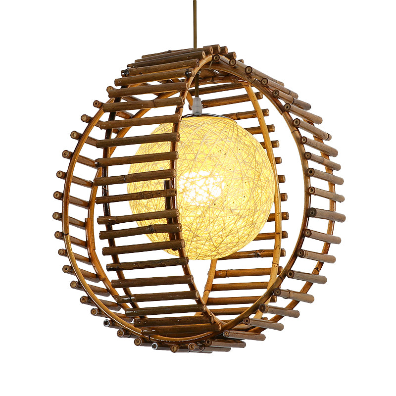 Sphere Bamboo Hanging Light Asian 1 Bulb Khaki Pendant Lighting Fixture for Bedroom Clearhalo 'Ceiling Lights' 'Pendant Lights' 'Pendants' Lighting' 379756