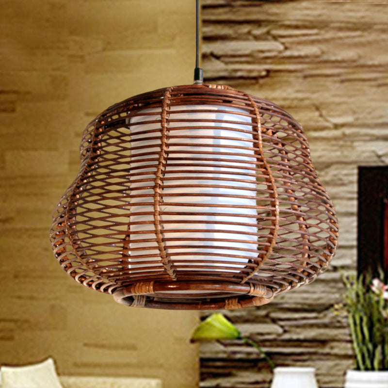 Brown Gourd Pendant Lamp Asia 1 Bulb Bamboo Hanging Ceiling Light with Inner White Tubular Shade Clearhalo 'Ceiling Lights' 'Pendant Lights' 'Pendants' Lighting' 379759