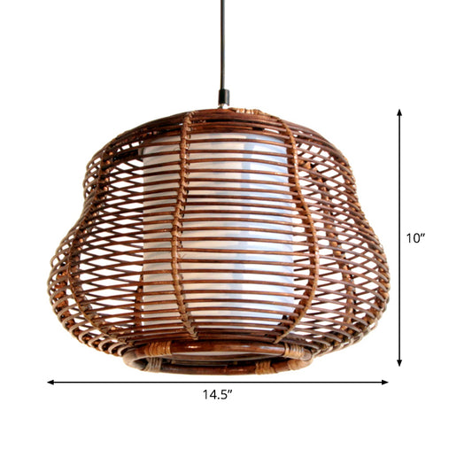 Brown Gourd Pendant Lamp Asia 1 Bulb Bamboo Hanging Ceiling Light with Inner White Tubular Shade Clearhalo 'Ceiling Lights' 'Pendant Lights' 'Pendants' Lighting' 379763