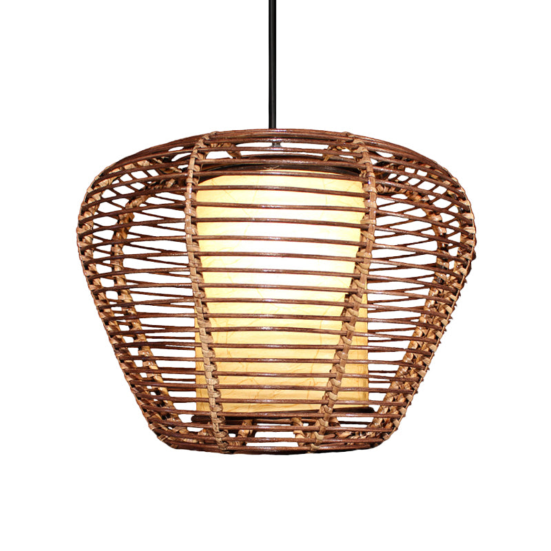 Urn Ceiling Lamp Asian Bamboo 1 Bulb Brown Pendant Light Fixture with Cylinder Parchment Shade Clearhalo 'Ceiling Lights' 'Pendant Lights' 'Pendants' Lighting' 379771