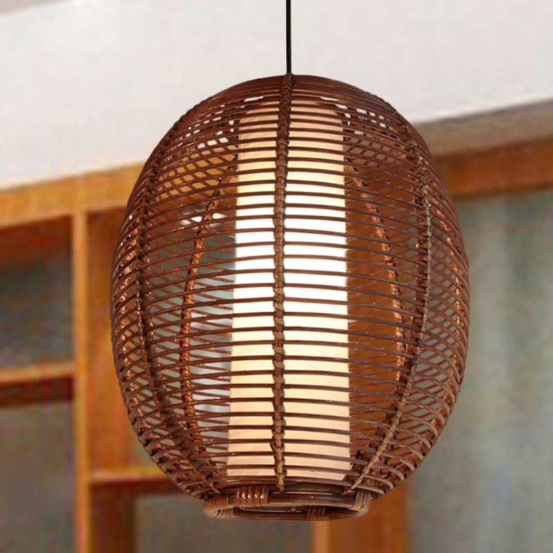 Basket Bamboo Ceiling Lamp Asian 1 Bulb Brown Hanging Pendant Light for Dining Room Clearhalo 'Ceiling Lights' 'Pendant Lights' 'Pendants' Lighting' 379790