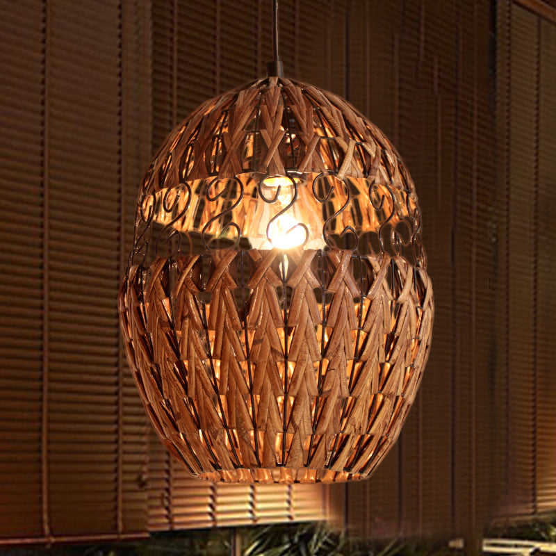 Bamboo Laser Cut Pendant Lighting Japanese 1 Head Ceiling Suspension Lamp in Brown Brown Clearhalo 'Ceiling Lights' 'Pendant Lights' 'Pendants' Lighting' 379801_0256170c-35ee-4ebb-88a2-dba9321d2a01