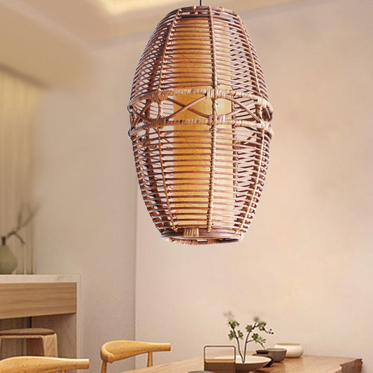 Brown Lantern Pendant Lamp Asia 1 Bulb Bamboo Hanging Light Fixture with Inner Tube Parchment shade Clearhalo 'Ceiling Lights' 'Pendant Lights' 'Pendants' Lighting' 379806