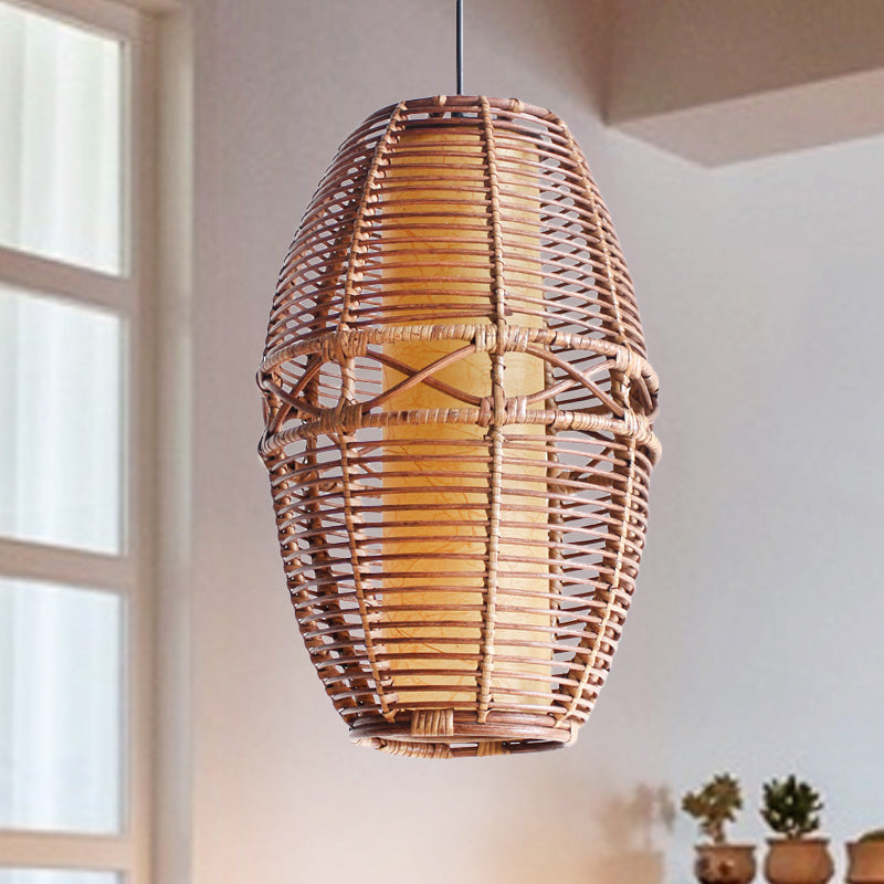 Brown Lantern Pendant Lamp Asia 1 Bulb Bamboo Hanging Light Fixture with Inner Tube Parchment shade Clearhalo 'Ceiling Lights' 'Pendant Lights' 'Pendants' Lighting' 379807