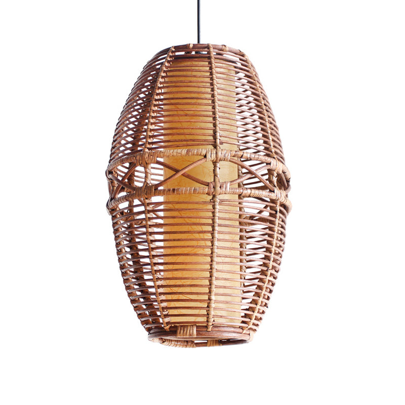 Brown Lantern Pendant Lamp Asia 1 Bulb Bamboo Hanging Light Fixture with Inner Tube Parchment shade Clearhalo 'Ceiling Lights' 'Pendant Lights' 'Pendants' Lighting' 379808