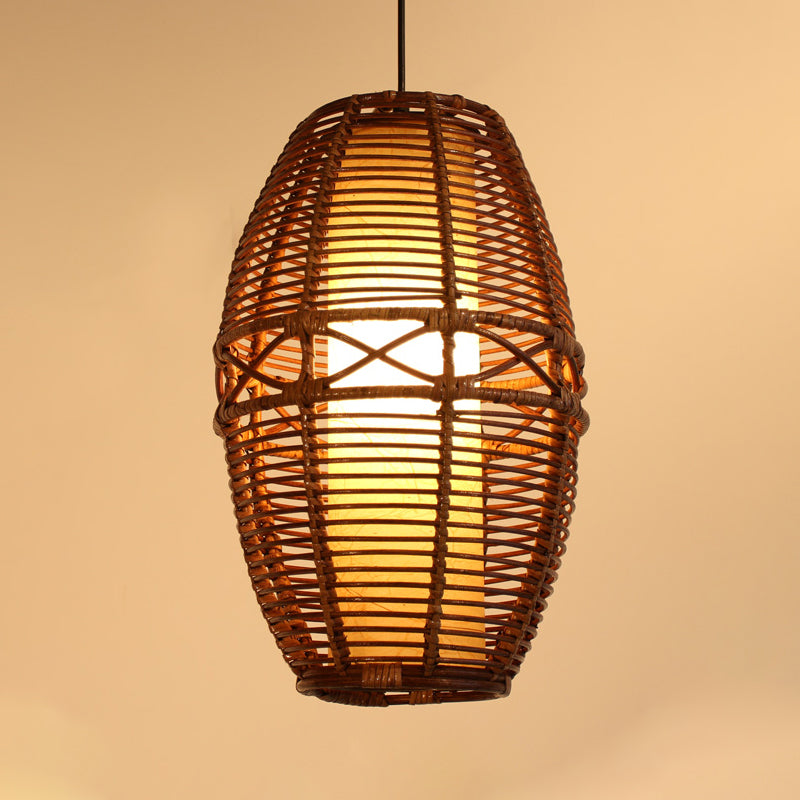 Brown Lantern Pendant Lamp Asia 1 Bulb Bamboo Hanging Light Fixture with Inner Tube Parchment shade Clearhalo 'Ceiling Lights' 'Pendant Lights' 'Pendants' Lighting' 379809