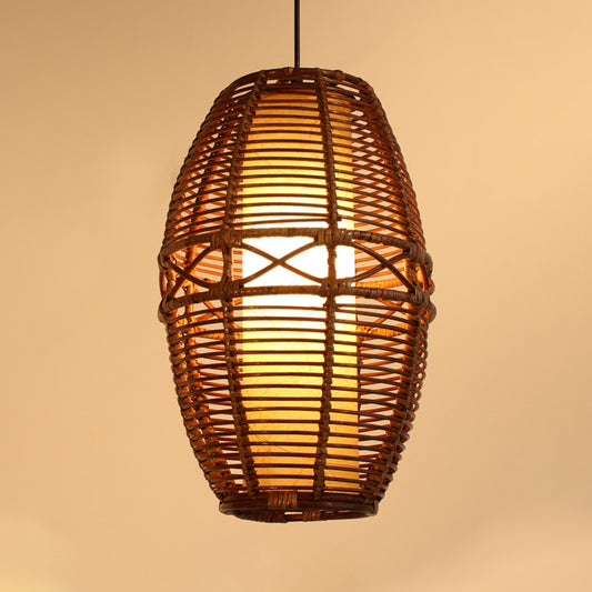 Brown Lantern Pendant Lamp Asia 1 Bulb Bamboo Hanging Light Fixture with Inner Tube Parchment shade Clearhalo 'Ceiling Lights' 'Pendant Lights' 'Pendants' Lighting' 379809
