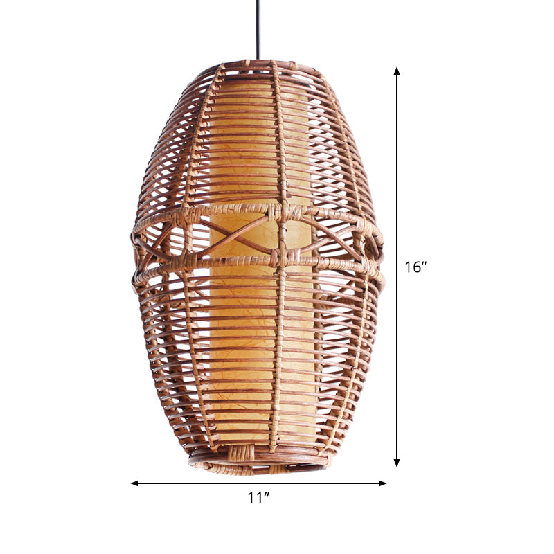 Brown Lantern Pendant Lamp Asia 1 Bulb Bamboo Hanging Light Fixture with Inner Tube Parchment shade Clearhalo 'Ceiling Lights' 'Pendant Lights' 'Pendants' Lighting' 379810