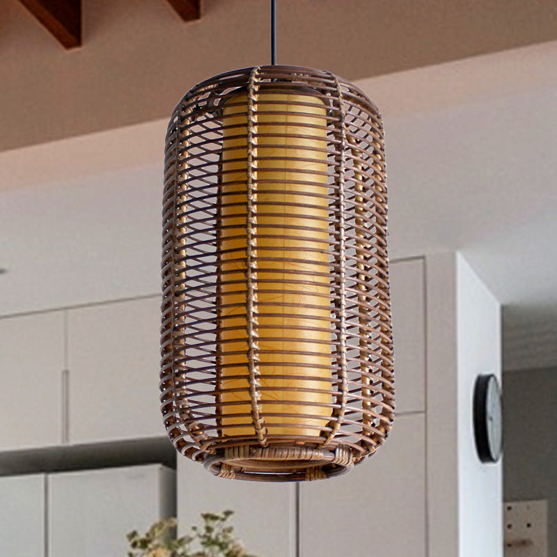 Cylindrical Pendant Light Japanese Bamboo 1 Head Suspended Lighting Fixture in Brown Clearhalo 'Ceiling Lights' 'Pendant Lights' 'Pendants' Lighting' 379811