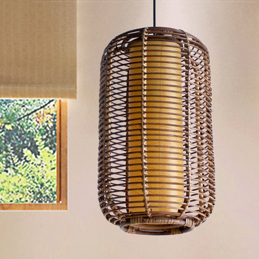 Cylindrical Pendant Light Japanese Bamboo 1 Head Suspended Lighting Fixture in Brown Clearhalo 'Ceiling Lights' 'Pendant Lights' 'Pendants' Lighting' 379812