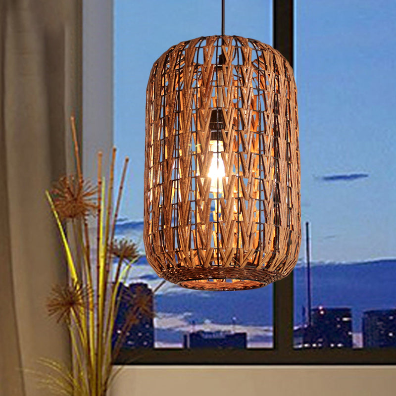 1 Head Restaurant Ceiling Light Asian Brown Pendant Lighting Fixture with Barrel Rattan shade Clearhalo 'Ceiling Lights' 'Pendant Lights' 'Pendants' Lighting' 379816