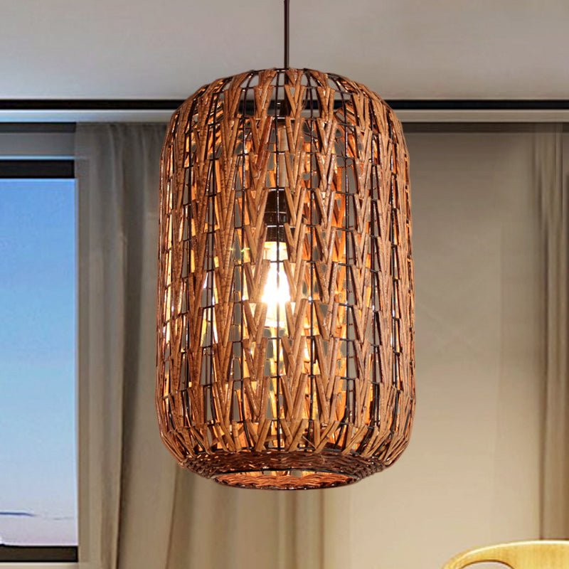 1 Head Restaurant Ceiling Light Asian Brown Pendant Lighting Fixture with Barrel Rattan shade Clearhalo 'Ceiling Lights' 'Pendant Lights' 'Pendants' Lighting' 379817