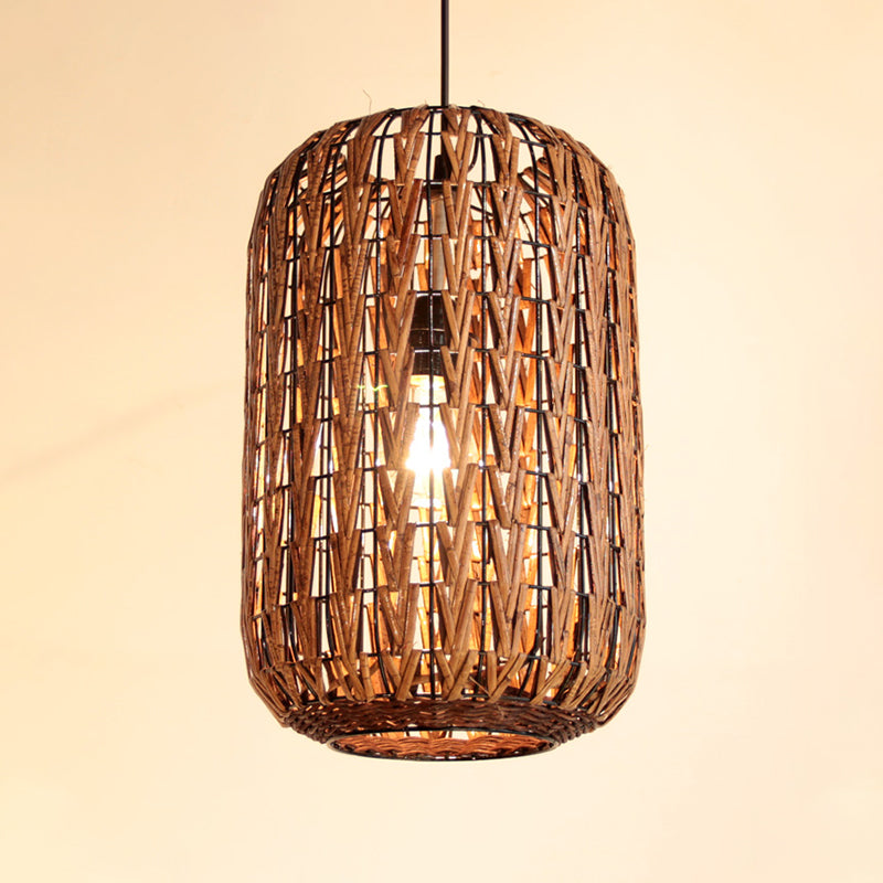 1 Head Restaurant Ceiling Light Asian Brown Pendant Lighting Fixture with Barrel Rattan shade Clearhalo 'Ceiling Lights' 'Pendant Lights' 'Pendants' Lighting' 379819