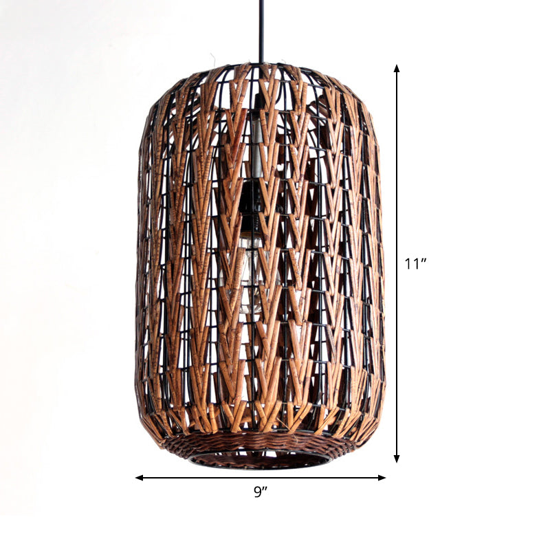 1 Head Restaurant Ceiling Light Asian Brown Pendant Lighting Fixture with Barrel Rattan shade Clearhalo 'Ceiling Lights' 'Pendant Lights' 'Pendants' Lighting' 379820