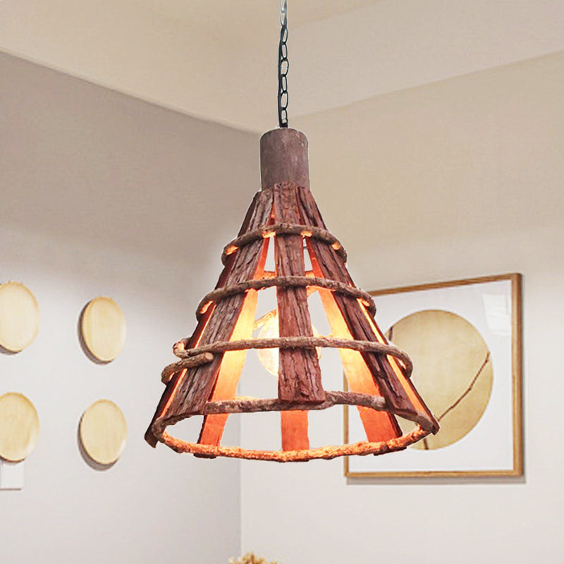 Wood Tapered Down Lighting Asian 1 Bulb Red-Brown Hanging Ceiling Light with Adjustable Chain Wood Clearhalo 'Ceiling Lights' 'Pendant Lights' 'Pendants' Lighting' 379821_5c3ce4fe-9601-49f6-9767-4db816b201a3