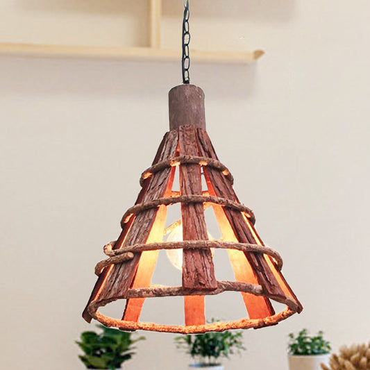 Wood Tapered Down Lighting Asian 1 Bulb Red-Brown Hanging Ceiling Light with Adjustable Chain Clearhalo 'Ceiling Lights' 'Pendant Lights' 'Pendants' Lighting' 379822