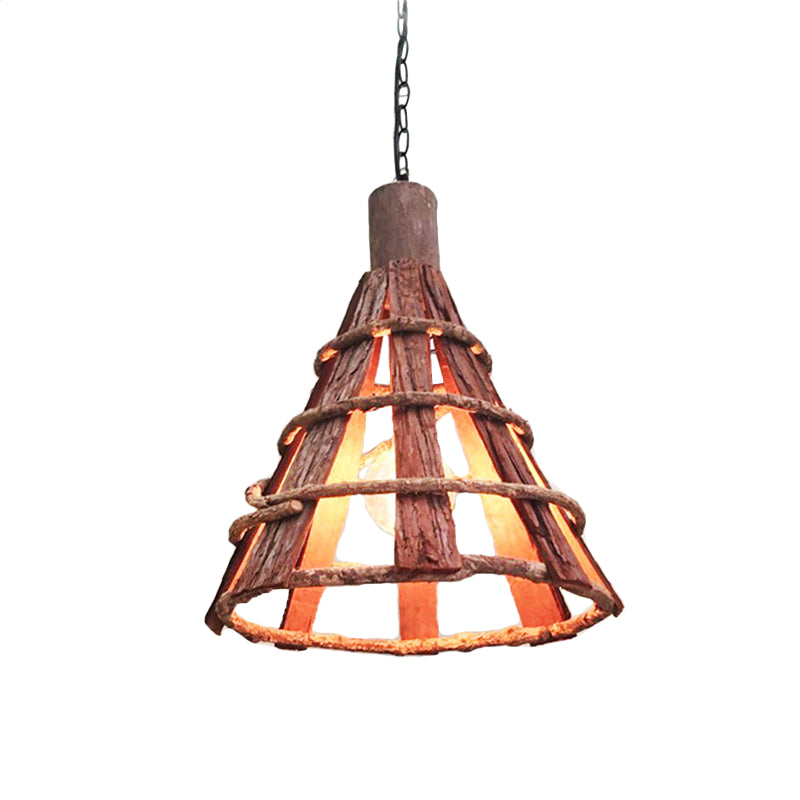 Wood Tapered Down Lighting Asian 1 Bulb Red-Brown Hanging Ceiling Light with Adjustable Chain Clearhalo 'Ceiling Lights' 'Pendant Lights' 'Pendants' Lighting' 379823