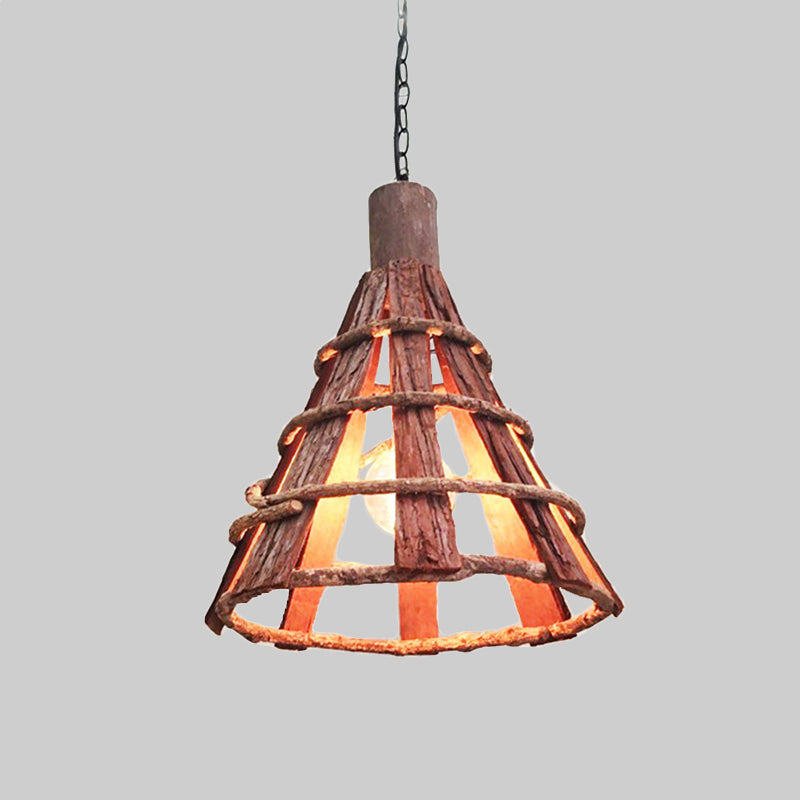 Wood Tapered Down Lighting Asian 1 Bulb Red-Brown Hanging Ceiling Light with Adjustable Chain Clearhalo 'Ceiling Lights' 'Pendant Lights' 'Pendants' Lighting' 379824