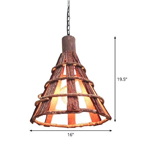 Wood Tapered Down Lighting Asian 1 Bulb Red-Brown Hanging Ceiling Light with Adjustable Chain Clearhalo 'Ceiling Lights' 'Pendant Lights' 'Pendants' Lighting' 379825