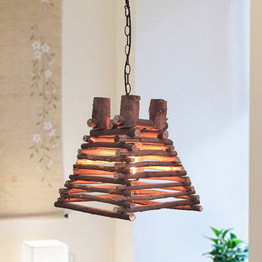 Chinese 1 Head Hanging Light Red-Brown Trapezoid Suspended Lighting Fixture with Wood Shade Clearhalo 'Ceiling Lights' 'Pendant Lights' 'Pendants' Lighting' 379826