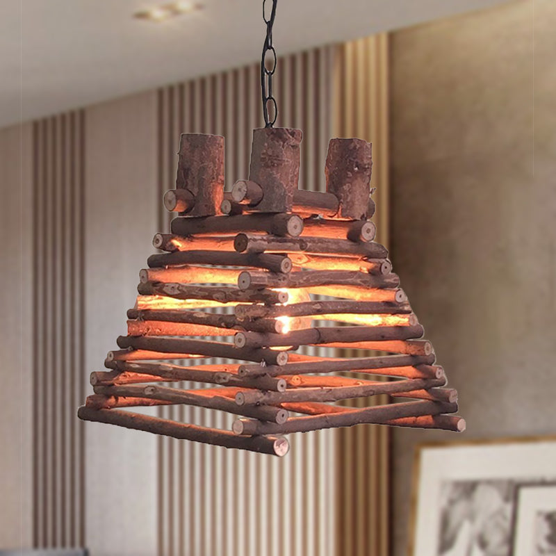 Chinese 1 Head Hanging Light Red-Brown Trapezoid Suspended Lighting Fixture with Wood Shade Clearhalo 'Ceiling Lights' 'Pendant Lights' 'Pendants' Lighting' 379827