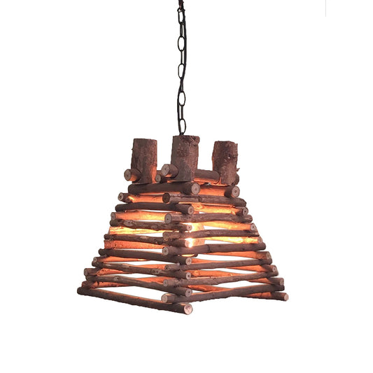 Chinese 1 Head Hanging Light Red-Brown Trapezoid Suspended Lighting Fixture with Wood Shade Clearhalo 'Ceiling Lights' 'Pendant Lights' 'Pendants' Lighting' 379828