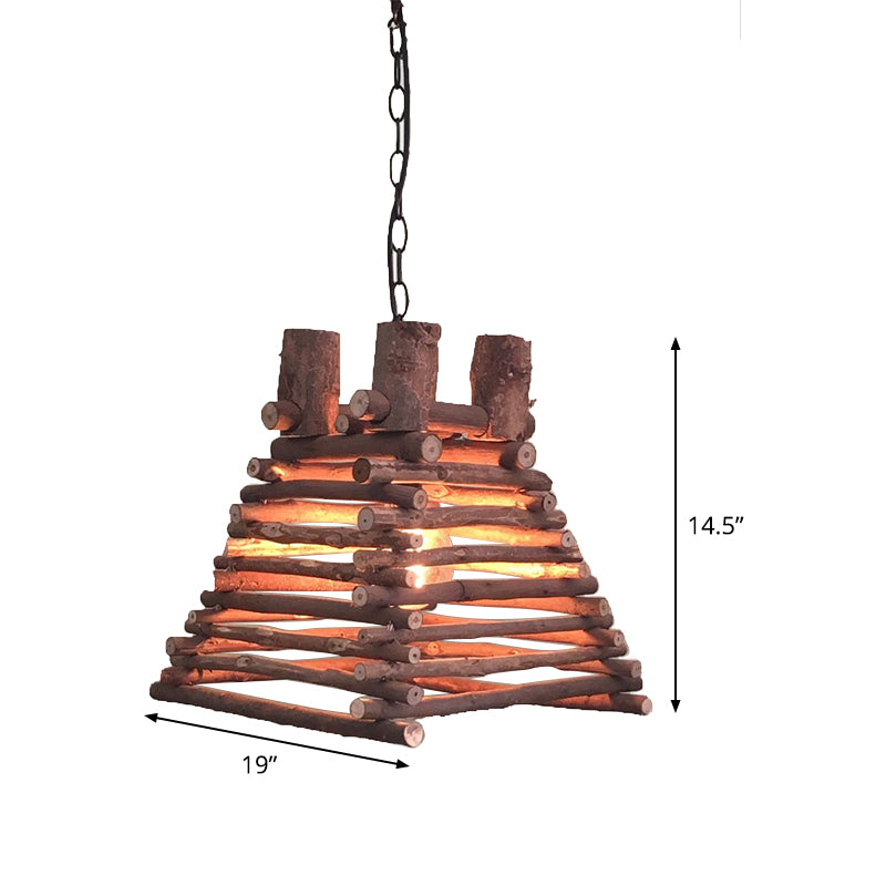 Chinese 1 Head Hanging Light Red-Brown Trapezoid Suspended Lighting Fixture with Wood Shade Clearhalo 'Ceiling Lights' 'Pendant Lights' 'Pendants' Lighting' 379830