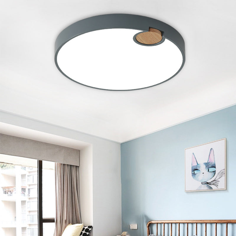 Grey Rounded Flush Mount Fixture Nordic Acrylic 12"/16"/19.5" W LED Ceiling Lamp with Wood Deco, Warm/White/Neutral (3500 - 4099 K) Light Grey 19.5" Clearhalo 'Ceiling Lights' 'Close To Ceiling Lights' 'Close to ceiling' 'Flush mount' Lighting' 379838