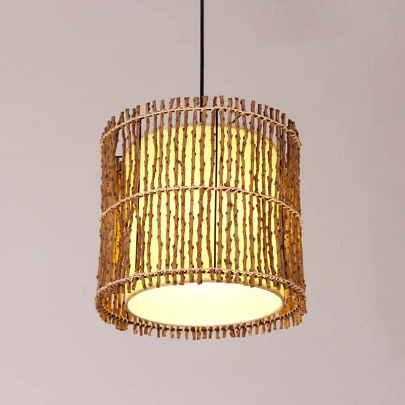 Cylinder Ceiling Light Asian Rattan 1 Head Khaki Pendant Lighting Fixture with Inner White Parchment Shade Clearhalo 'Ceiling Lights' 'Pendant Lights' 'Pendants' Lighting' 379923