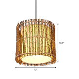 Cylinder Ceiling Light Asian Rattan 1 Head Khaki Pendant Lighting Fixture with Inner White Parchment Shade Clearhalo 'Ceiling Lights' 'Pendant Lights' 'Pendants' Lighting' 379924