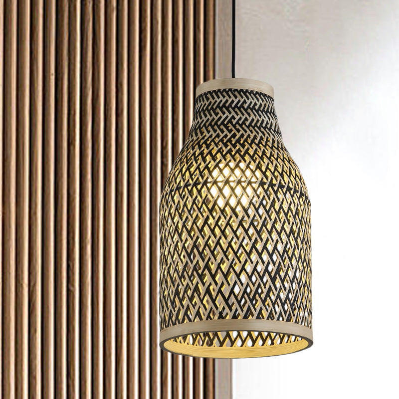 Hand Woven Pendant Lighting Japanese Rattan 1 Bulb Ceiling Suspension Lamp in Black Clearhalo 'Ceiling Lights' 'Pendant Lights' 'Pendants' Lighting' 379925